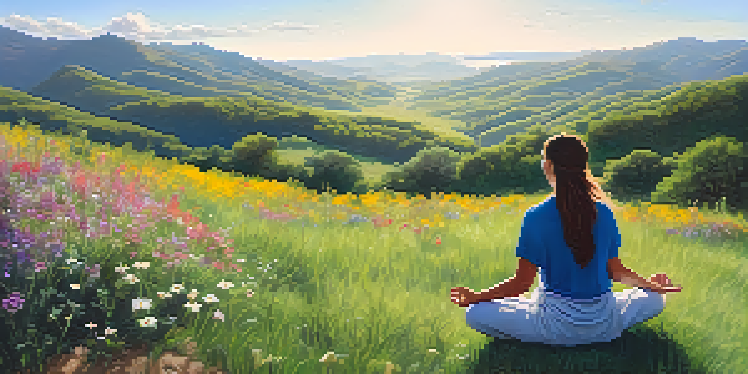 A person meditating on a green hilltop surrounded by wildflowers and trees, with mountains in the background under a blue sky.