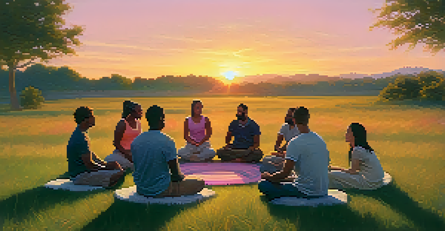 A group of people meditating in a circle on a grassy field at sunset, creating a sense of community.