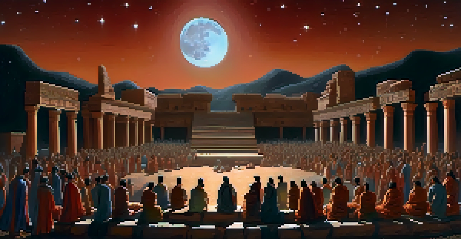 People in traditional attire watching a lunar eclipse, with a reddish moon and ancient stone structures.