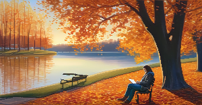 A songwriter sitting on a bench in a park, writing in a notebook during sunset, surrounded by autumn leaves and a reflecting lake.