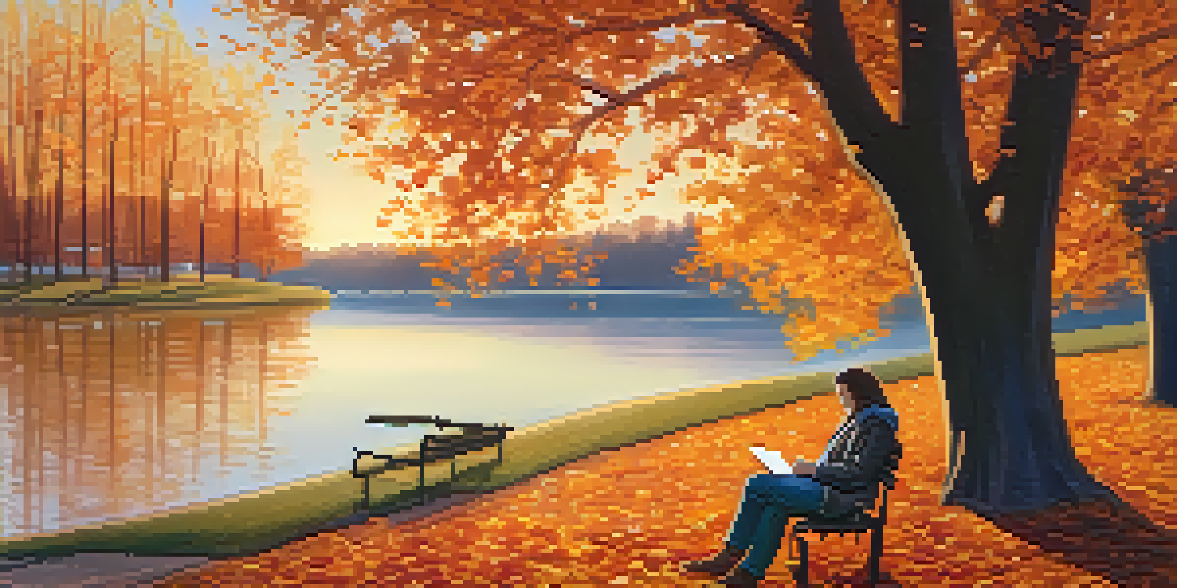A songwriter sitting on a bench in a park, writing in a notebook during sunset, surrounded by autumn leaves and a reflecting lake.