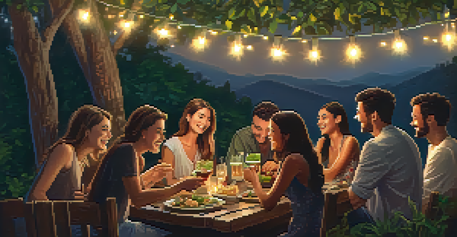 A group of friends sitting around a wooden table under fairy lights, enjoying a meal together in a garden setting.