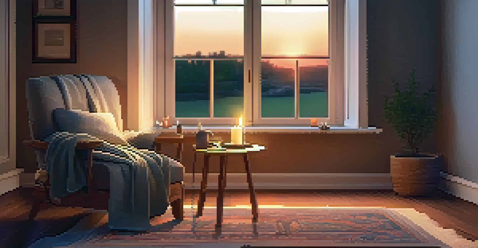 A cozy reading nook with an armchair, a candle, a journal, and a cup of tea, bathed in warm lighting and a sunset view.
