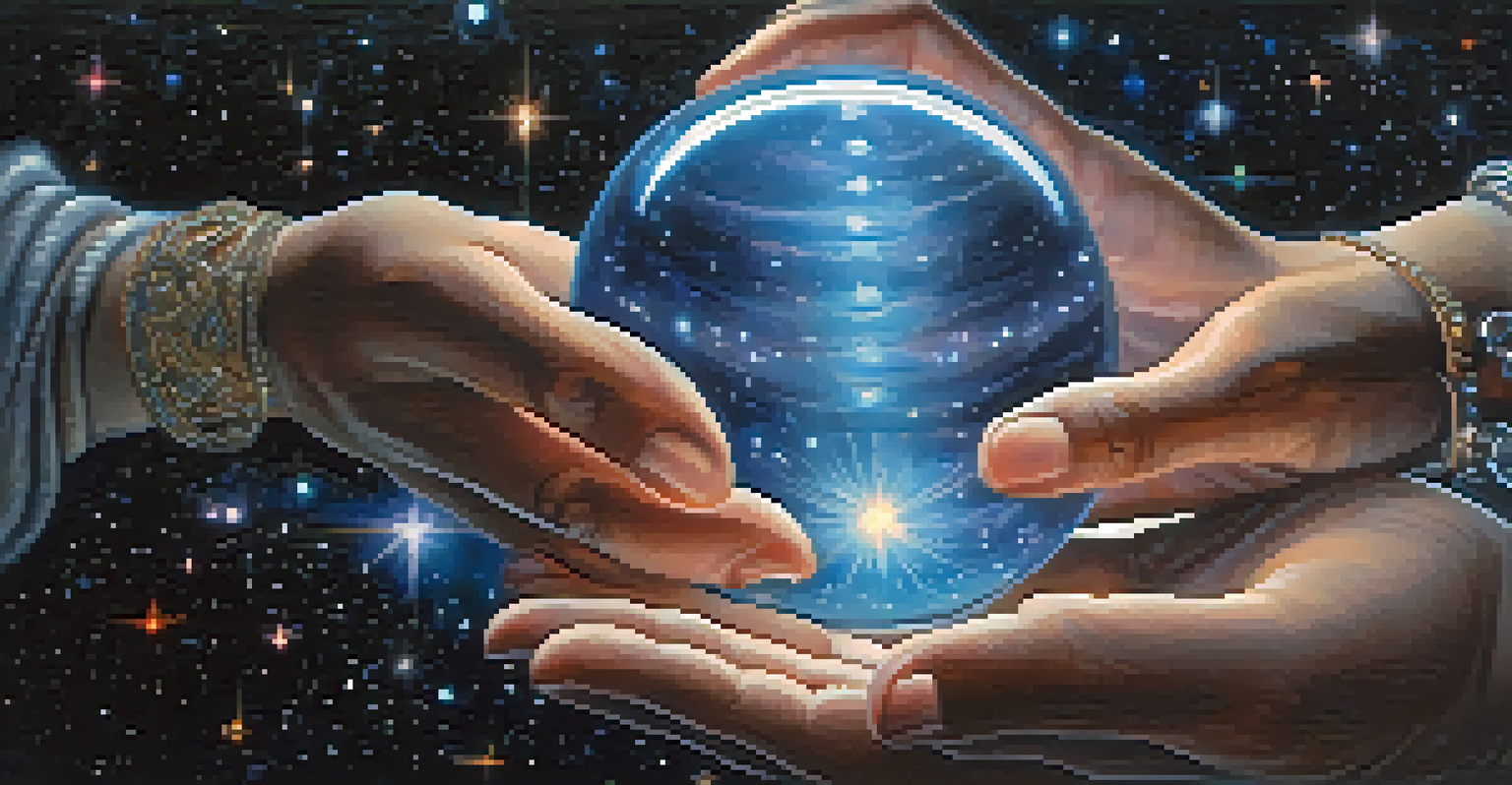 A close-up of hands holding a glowing orb against a cosmic background of stars and galaxies.