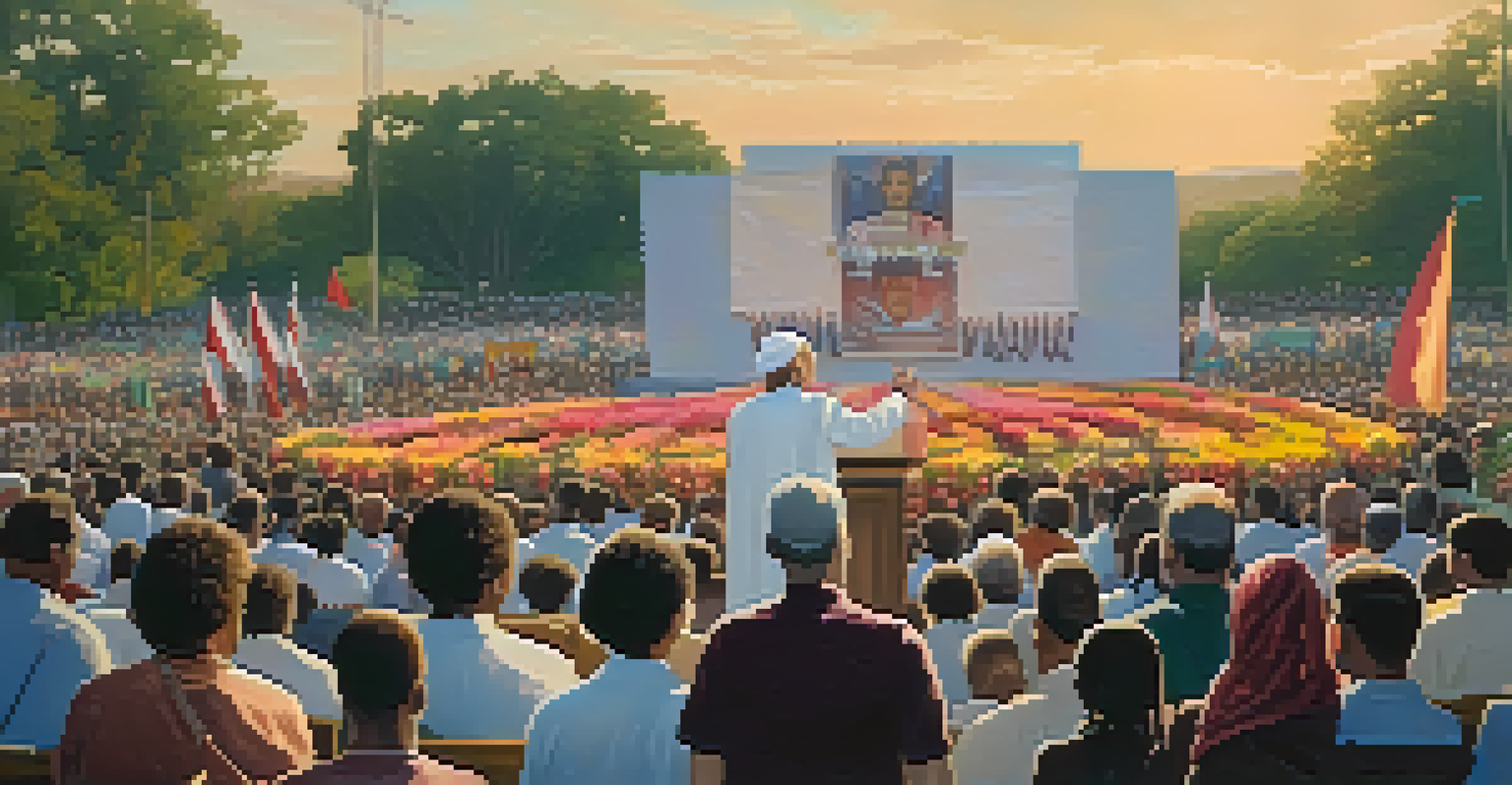 A spiritual leader speaking at an outdoor rally, surrounded by an engaged crowd holding signs.