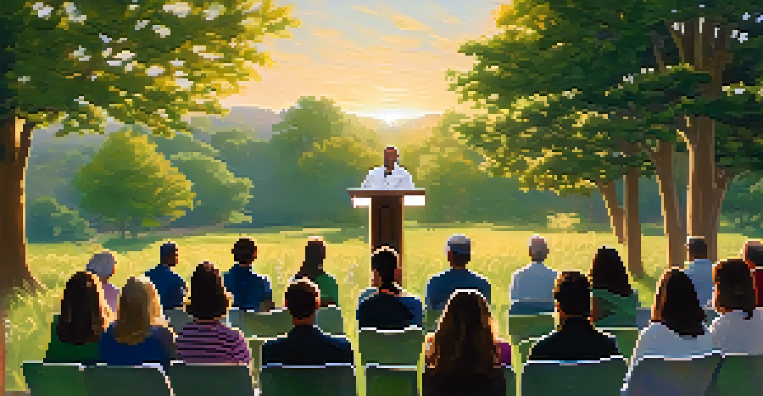 A pastor leading an outdoor church service in a natural setting, with congregants listening attentively amid trees and flowers.