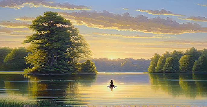 A person meditating by a calm lake at sunrise, with golden light and blooming flowers around.