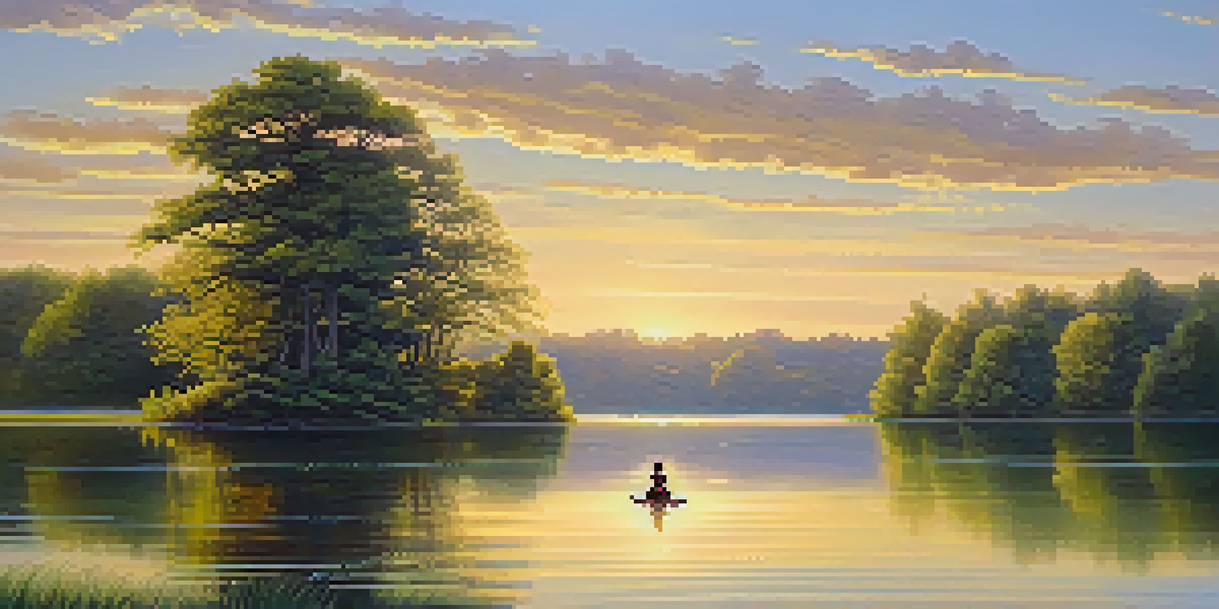 A person meditating by a calm lake at sunrise, with golden light and blooming flowers around.