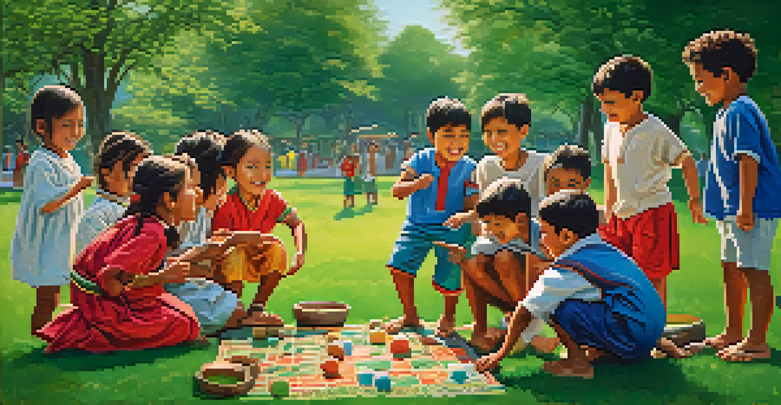 Children from different cultures playing traditional games together in a sunny park, surrounded by green grass and trees.