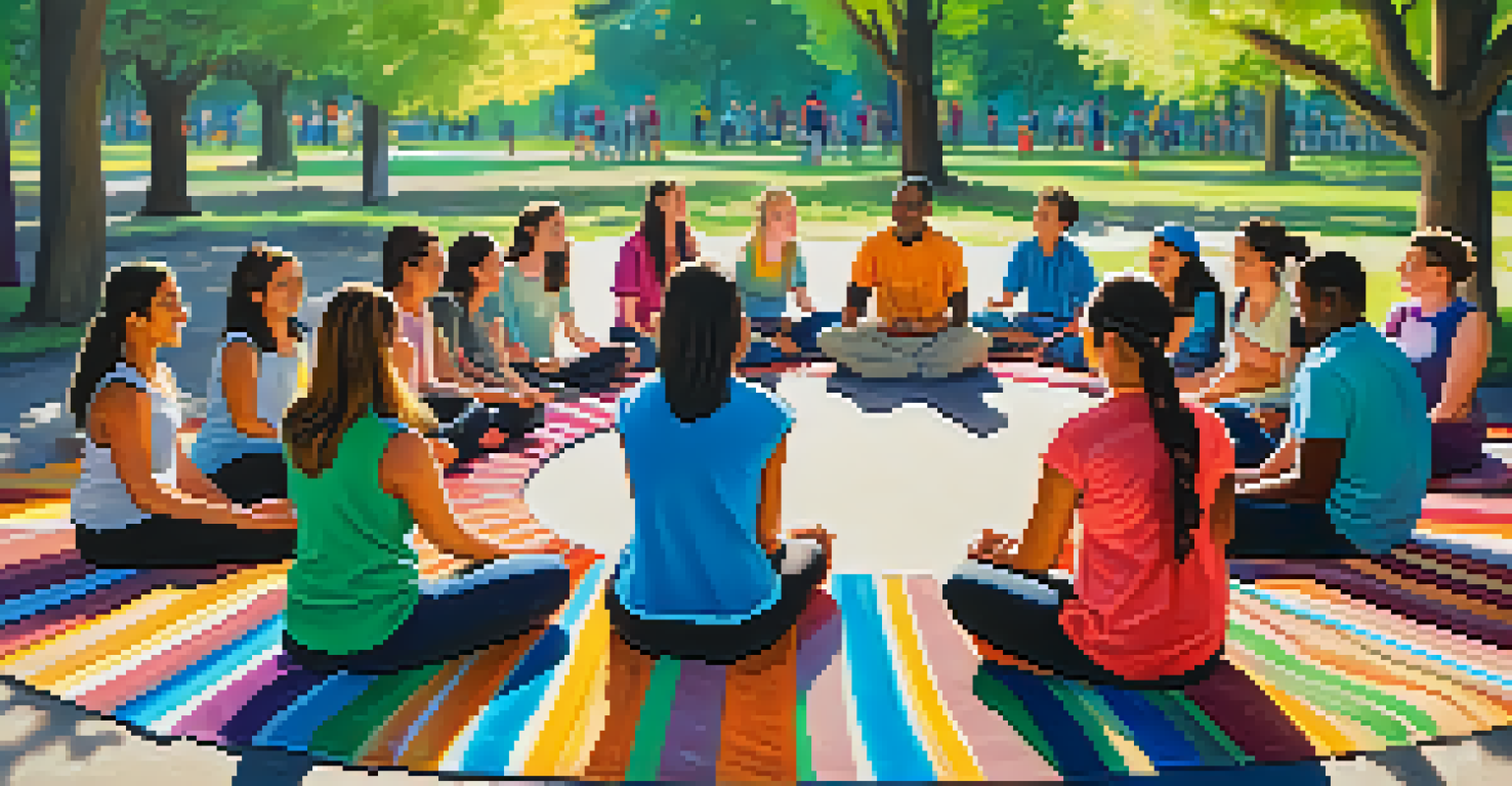 Students in a park engaged in group meditation, sitting in a circle on colorful mats under dappled sunlight.