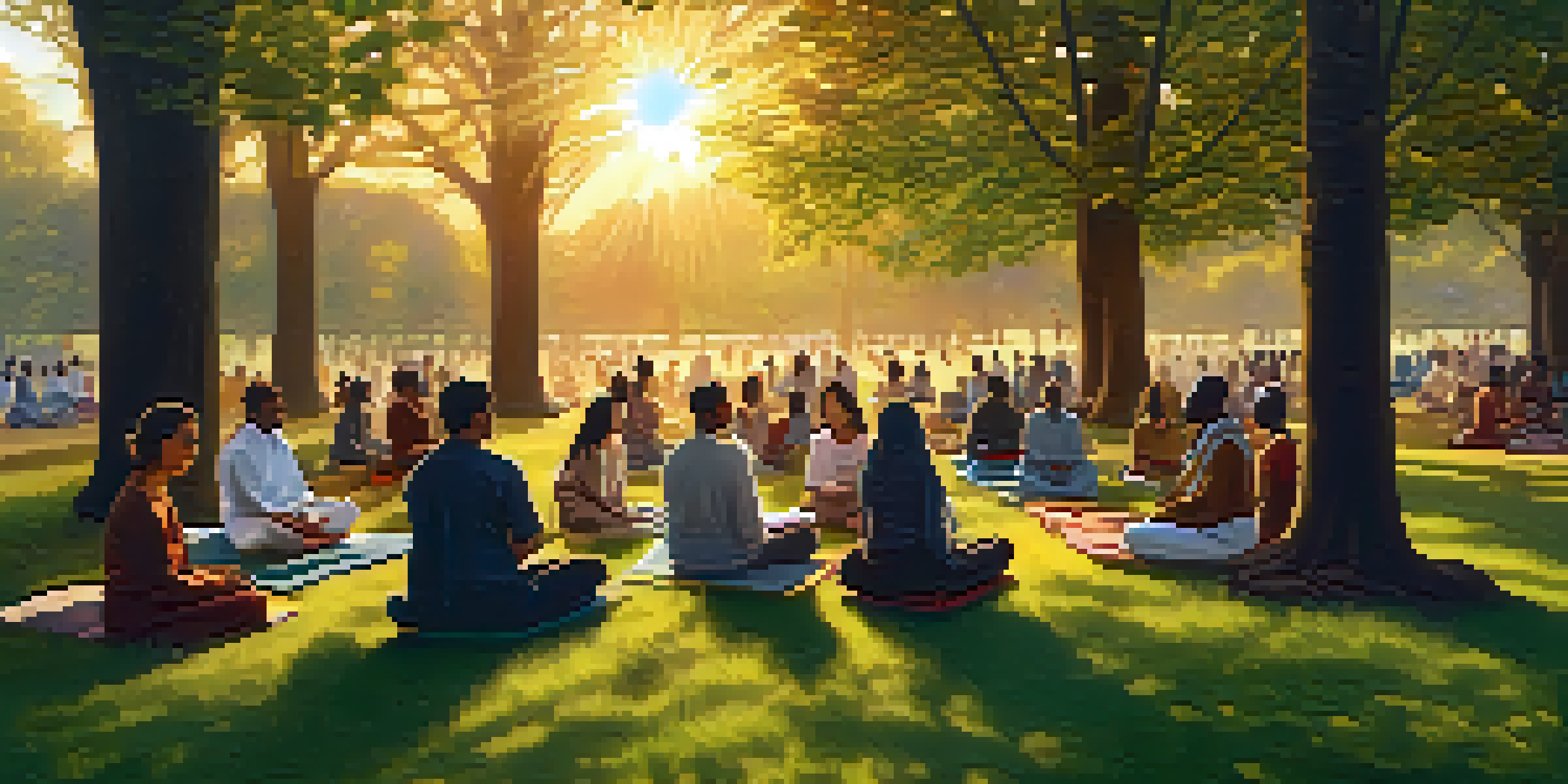 A peaceful community meditation gathering in a park during sunset, with diverse individuals sitting on blankets and a warm golden light illuminating the scene.