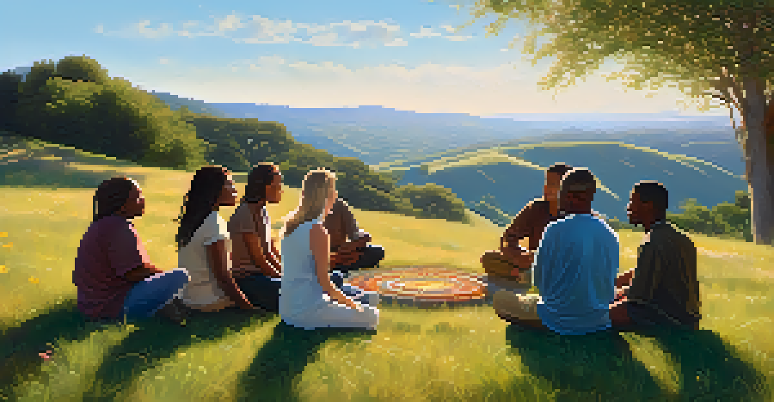 A diverse group of individuals sitting in a circle on a grassy hill, sharing stories in warm sunlight, surrounded by wildflowers.