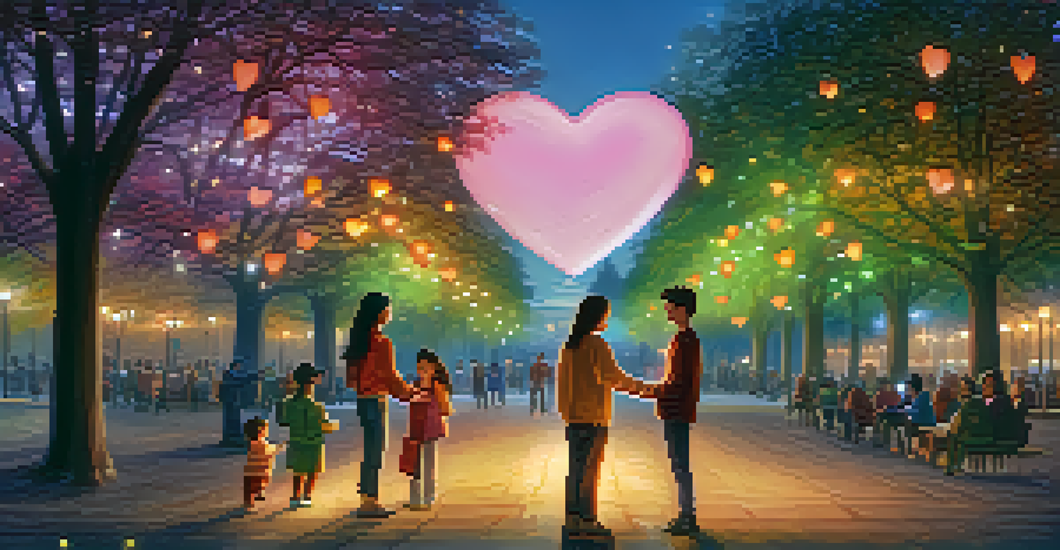 A person sending heart-shaped lights of kindness in a park, with smiling people in the background, illustrating the spread of compassion.