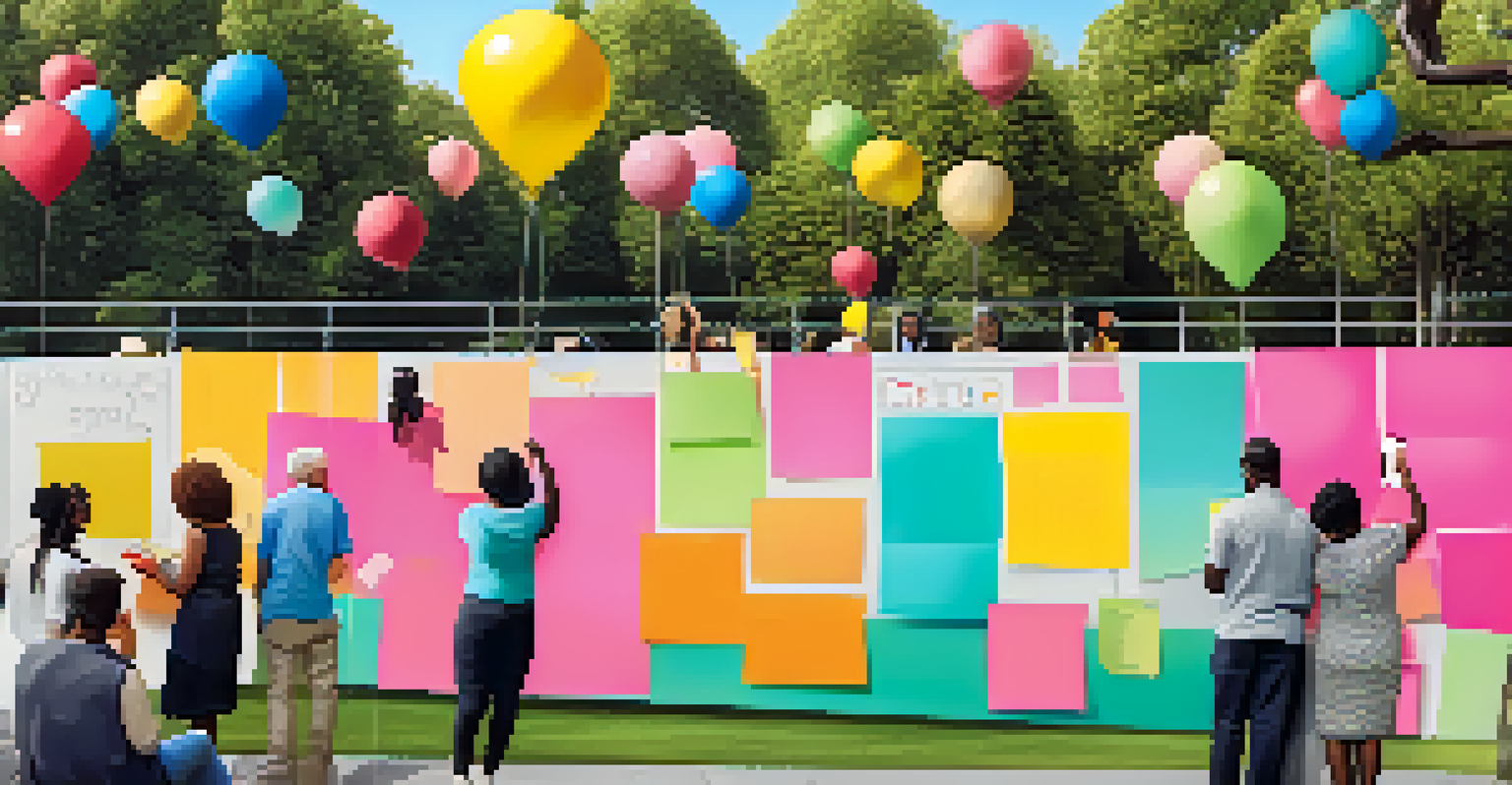 A community gathering where people are writing notes of gratitude on a wall, surrounded by festive decorations and smiles.
