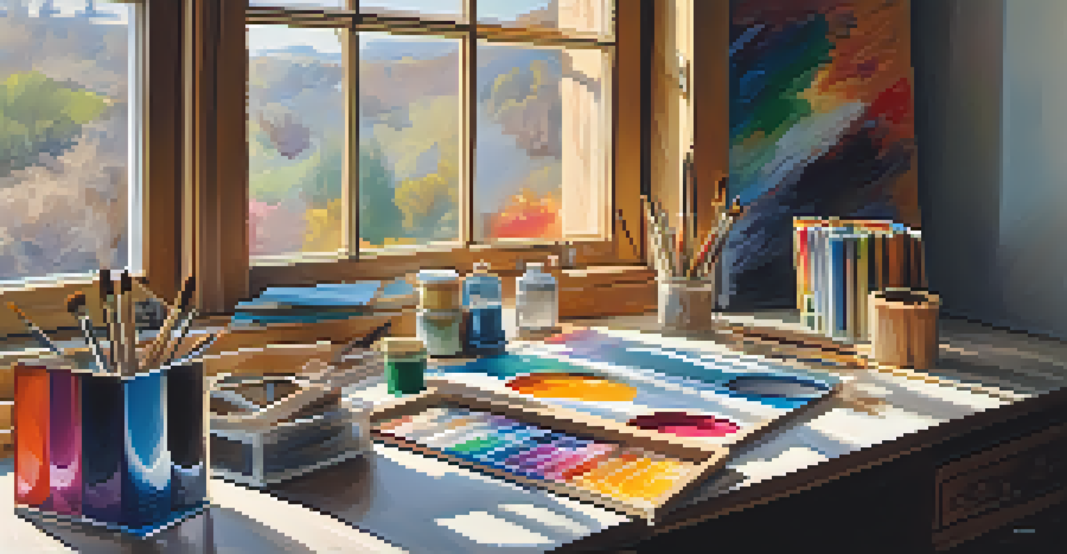An artist's palette with various colors, brushes, and a canvas in a well-lit workspace.
