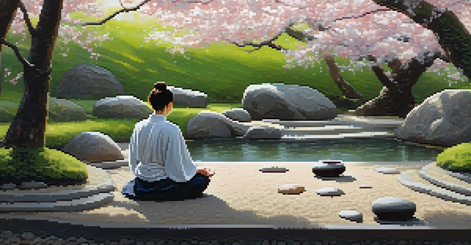A person meditating in a Zen garden with raked gravel, stones, and cherry blossom trees around them.