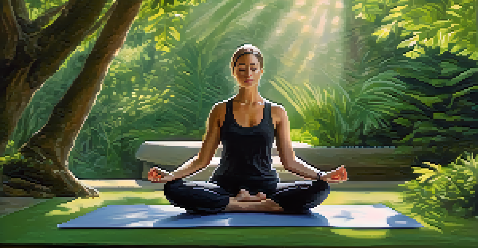 A person practicing mindful breathing while sitting on a yoga mat in a peaceful outdoor setting surrounded by greenery.