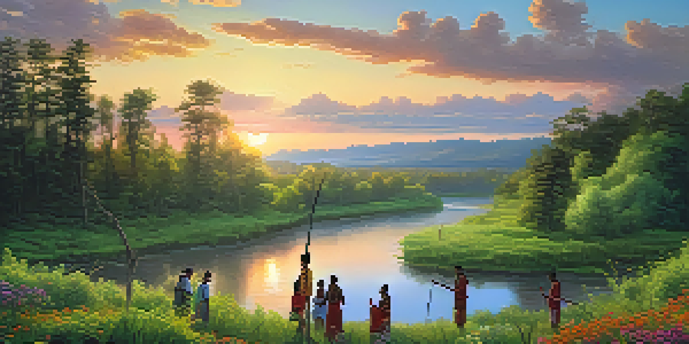 A peaceful forest landscape with a river at sunset, showcasing Indigenous people engaged in a traditional ceremony, surrounded by nature.