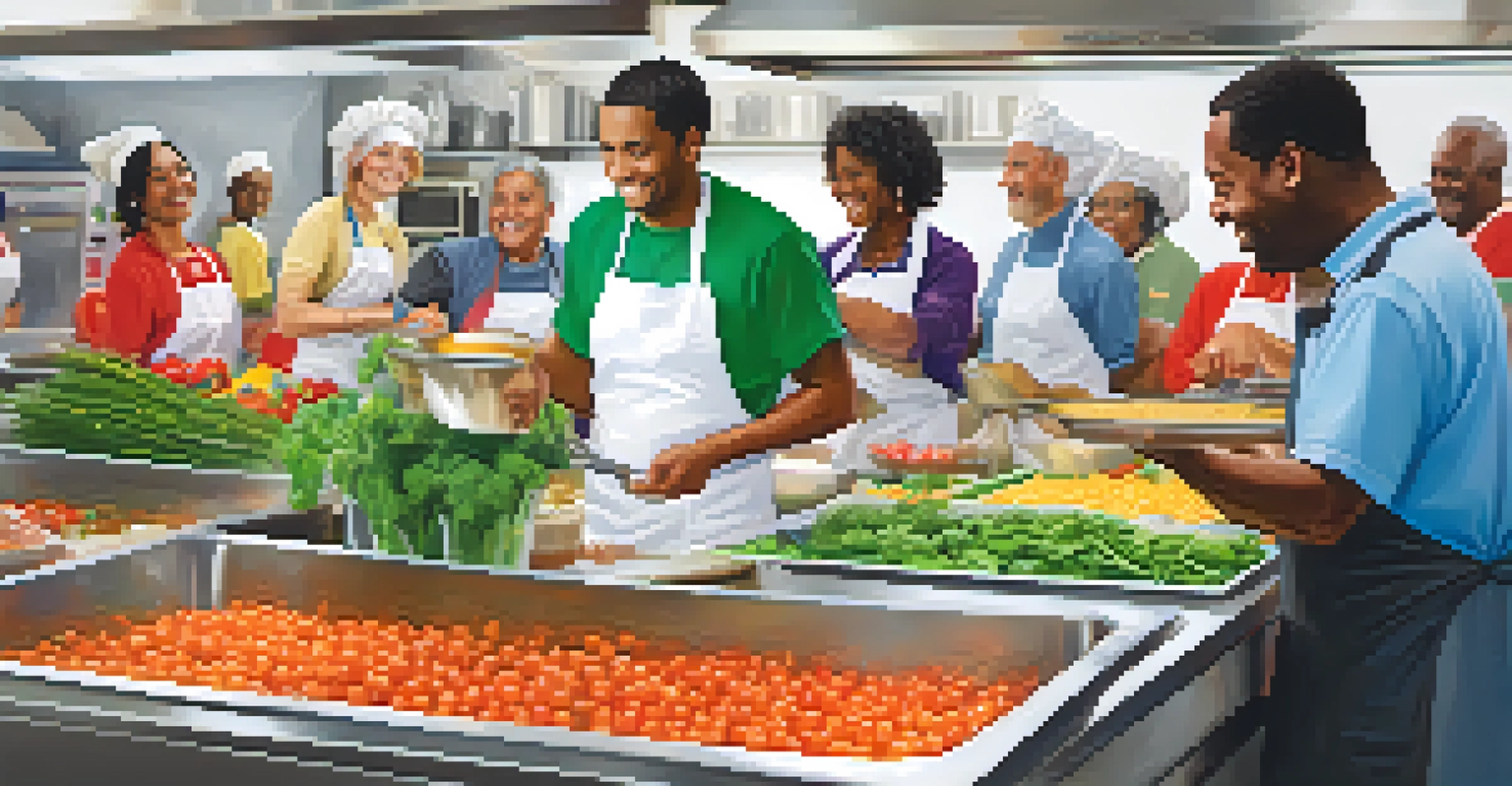 A diverse group of volunteers in a kitchen, joyfully preparing meals for the community with fresh ingredients.