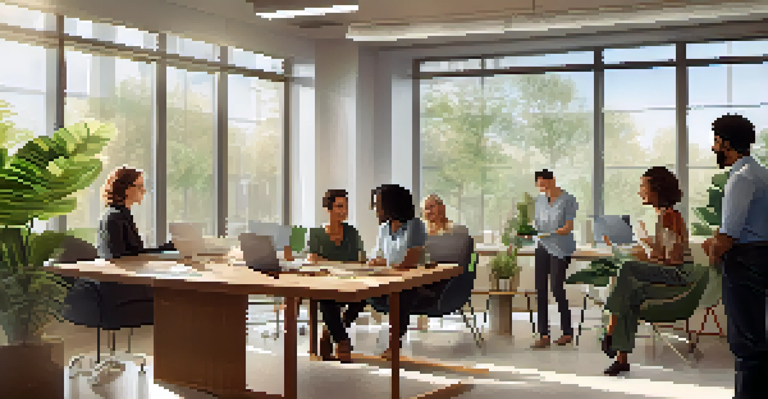 A team meeting in an office where colleagues are exchanging thank-you notes and smiling, with natural light and plants in the background.