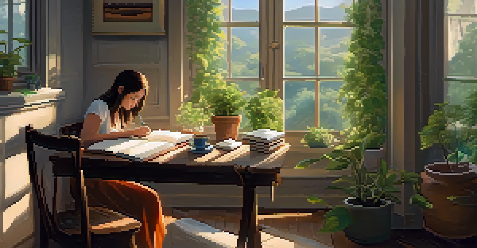 A cozy room with a person journaling at a wooden table filled with plants, tea, and books, illuminated by soft natural light.