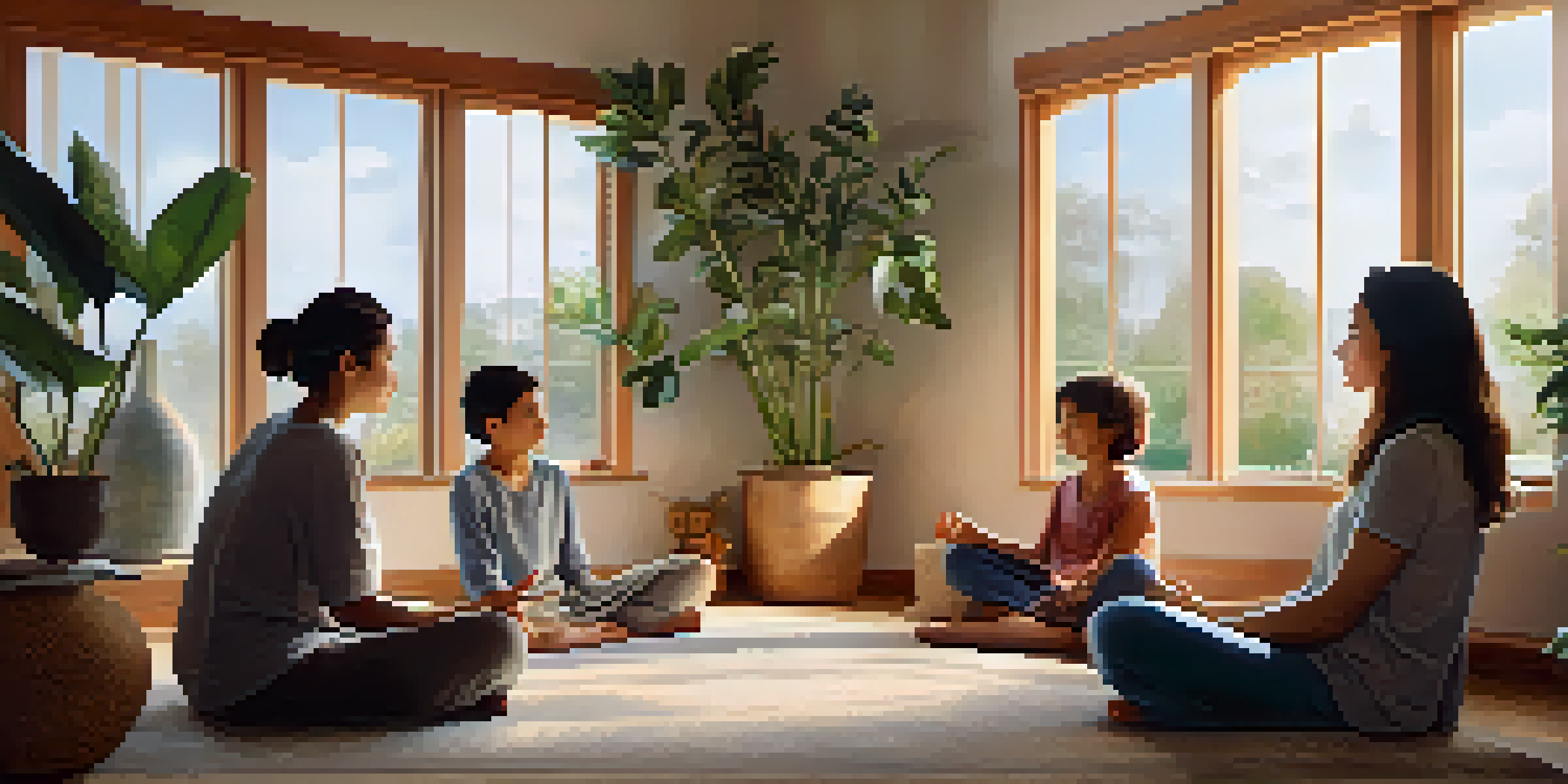 A family meditating together in a cozy living room filled with sunlight and plants.