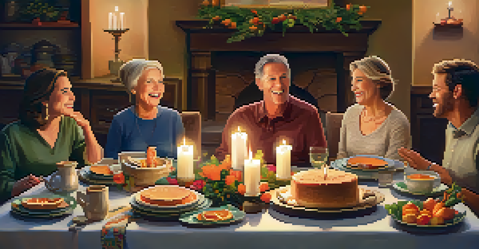A family gathered around a dinner table filled with food, enjoying each other's company and creating a joyful atmosphere.