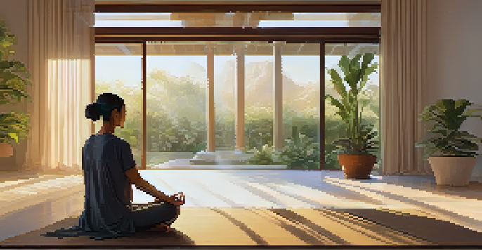 A peaceful meditation space with a person meditating on a mat, surrounded by plants and a water fountain, illuminated by warm light.