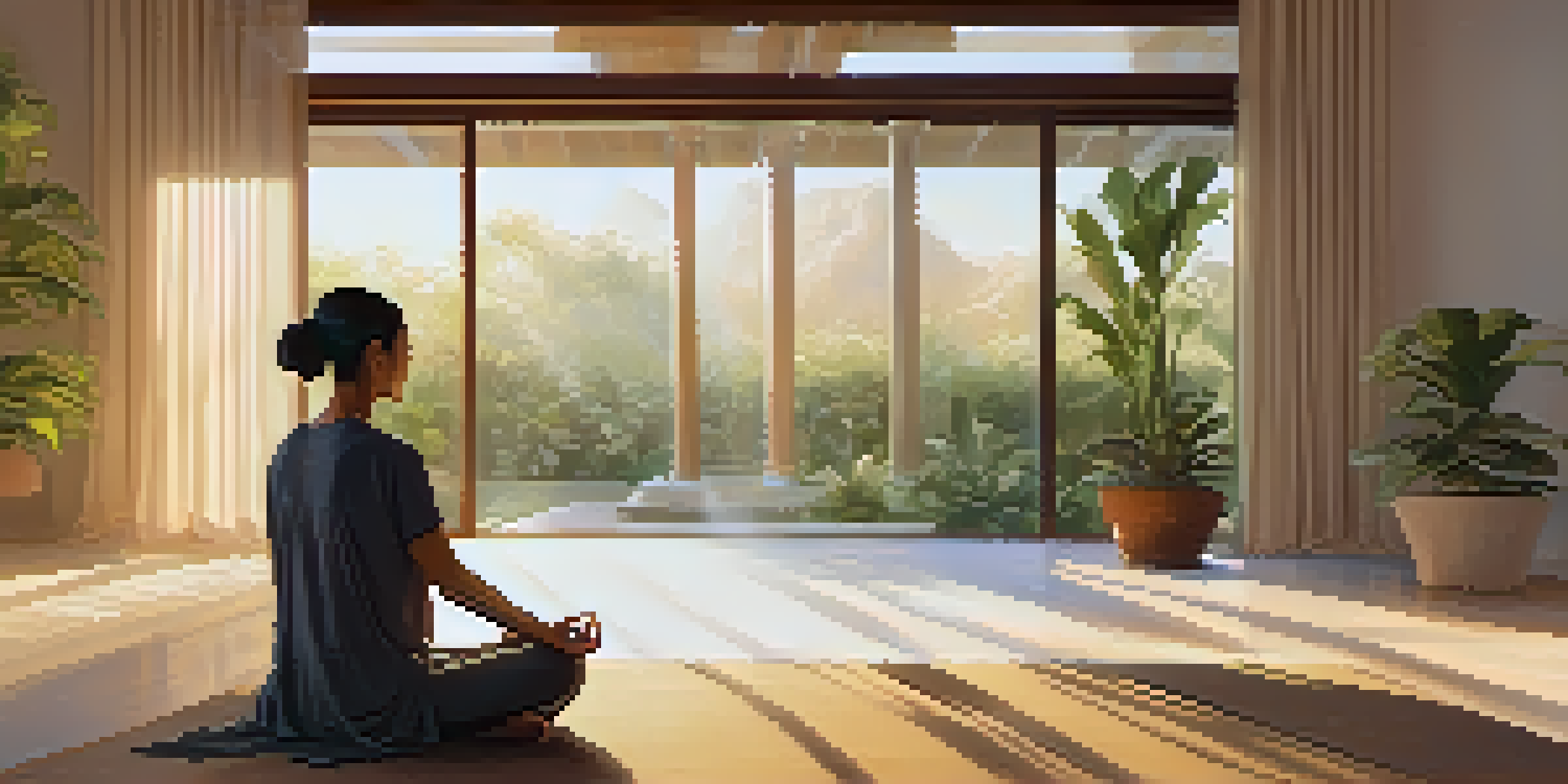 A peaceful meditation space with a person meditating on a mat, surrounded by plants and a water fountain, illuminated by warm light.