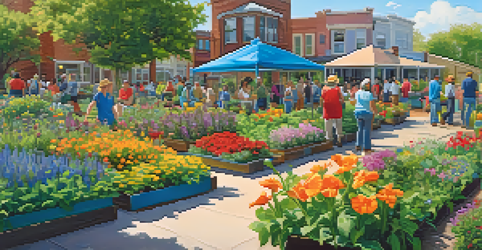 A colorful community garden with people working together, surrounded by flowers and greenery.