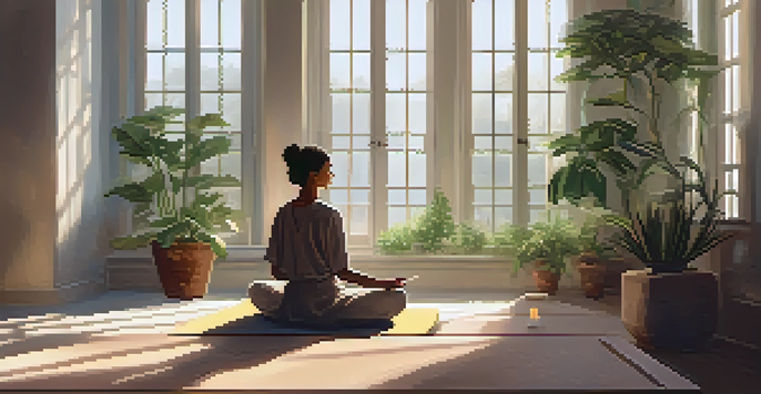 A person meditating in a tranquil indoor space with plants and soft lighting, sunlight casting patterns on the floor.