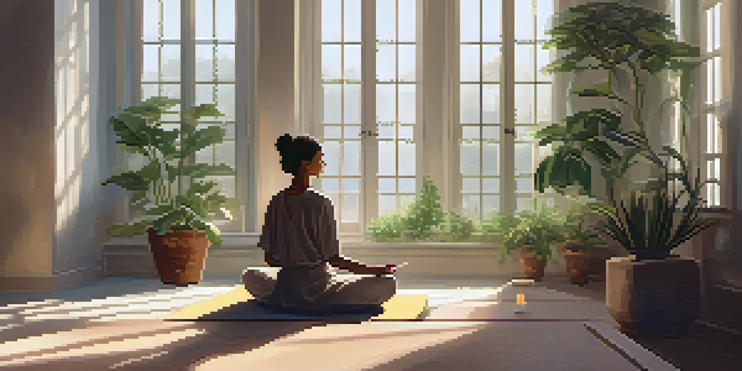 A person meditating in a tranquil indoor space with plants and soft lighting, sunlight casting patterns on the floor.