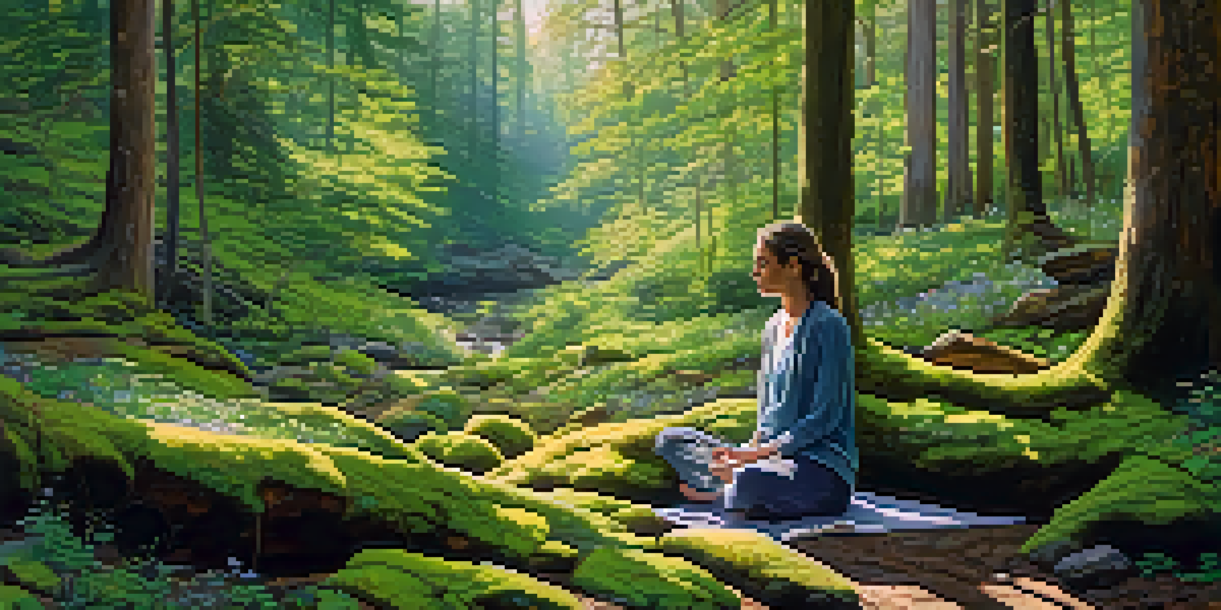 A person meditating in a serene forest, surrounded by trees and wildflowers, with sunlight filtering through the leaves.