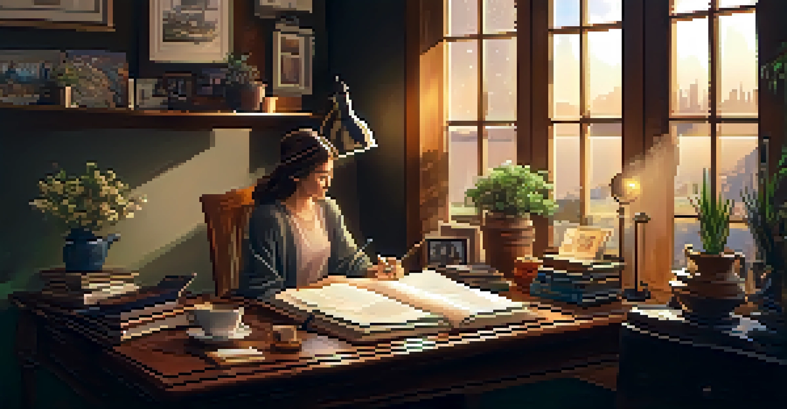 A cozy room with a person journaling at a wooden desk, warm lighting, and personal items around.