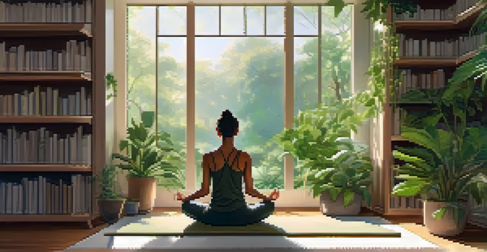 A person meditating in a tranquil space filled with plants and natural light.