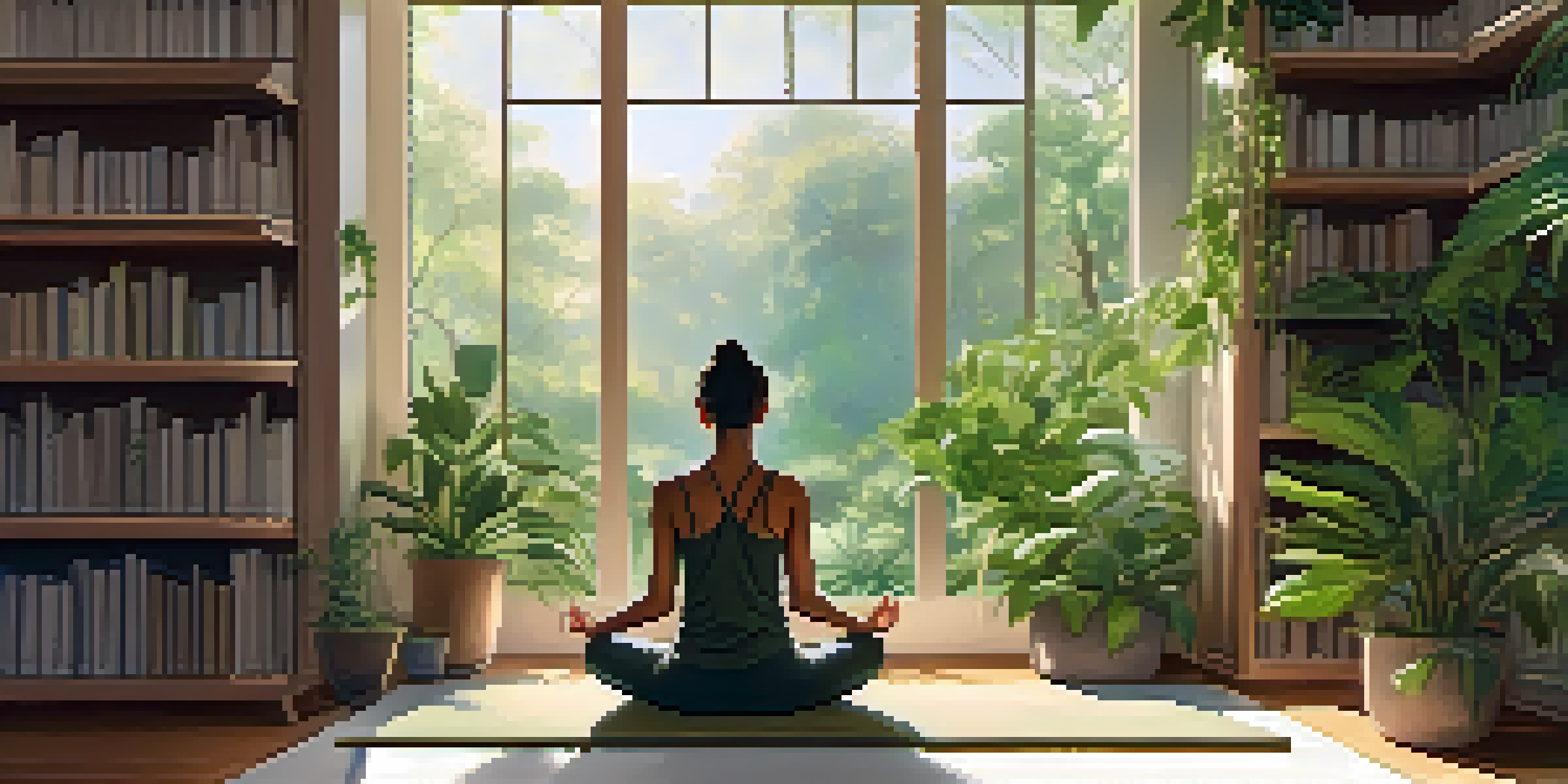 A person meditating in a tranquil space filled with plants and natural light.