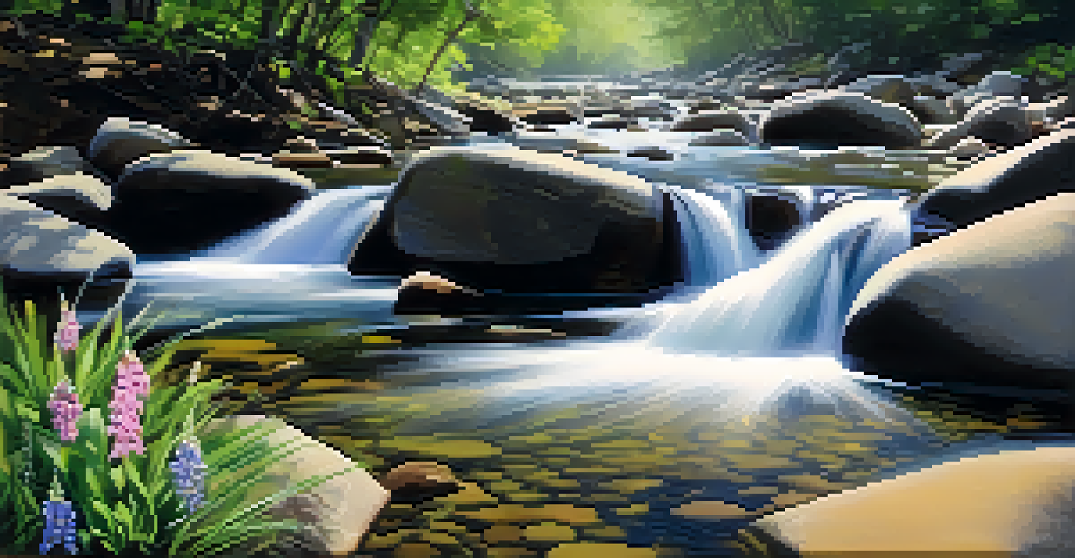 A close-up of a stream flowing over rocks with wildflowers and sparkling water in the sunlight.