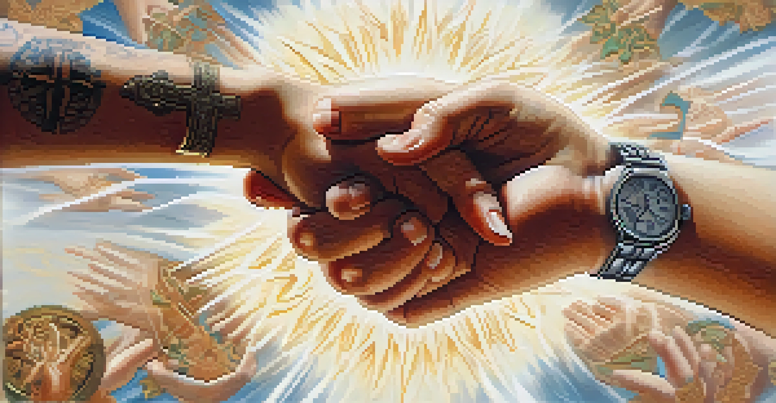 A close-up of two hands reaching towards each other, one adorned with a religious symbol tattoo and the other with a bracelet of various faith symbols, symbolizing connection.