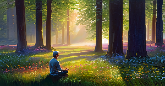 A person meditating in a peaceful forest at sunrise, surrounded by flowers and mist.