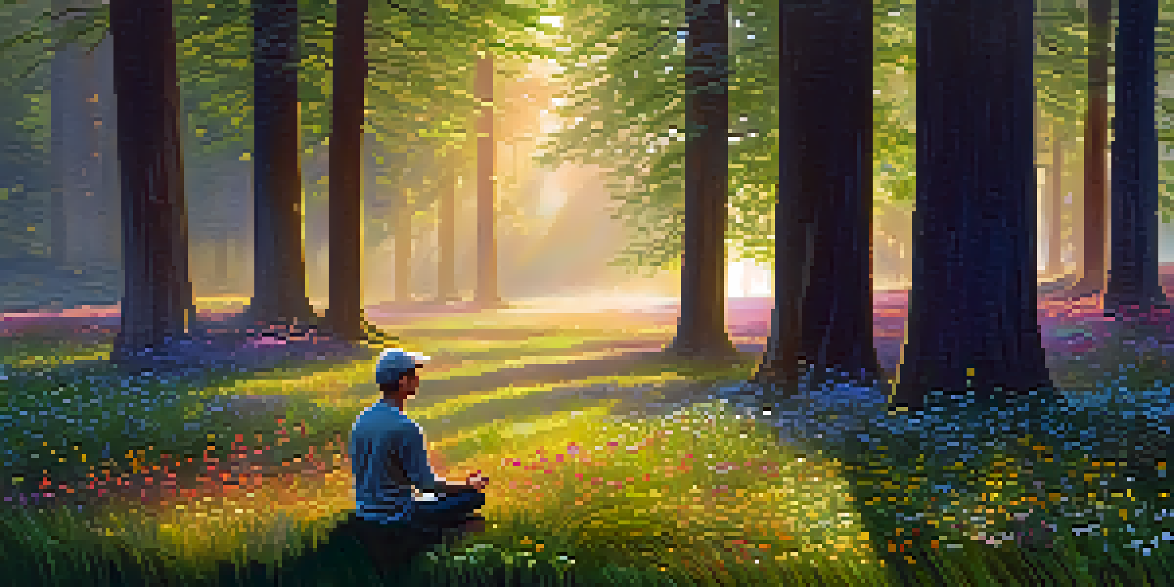 A person meditating in a peaceful forest at sunrise, surrounded by flowers and mist.