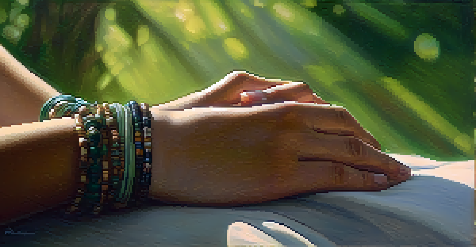 Close-up of hands in a meditative gesture, with a peaceful nature background and sunlight creating a soft halo effect.