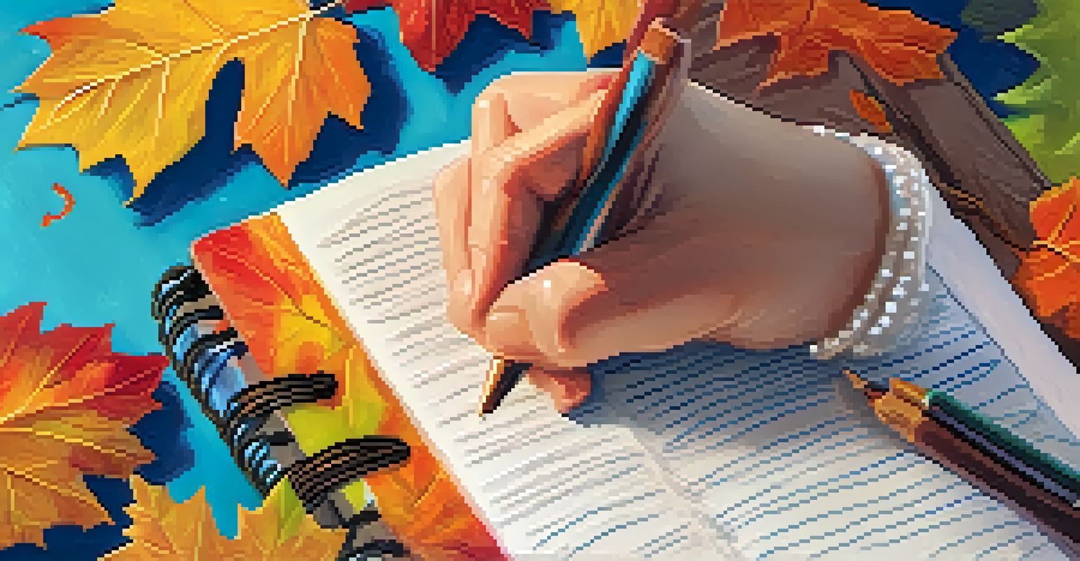 A hand writing in a gratitude journal with autumn leaves in the background.