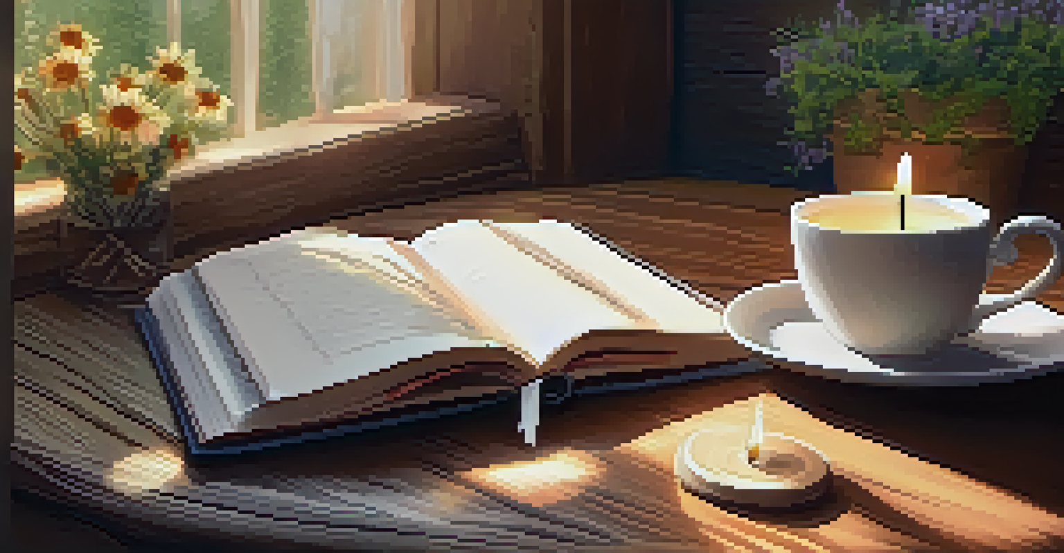A gratitude journal on a wooden table next to a cup of tea and a candle, surrounded by flowers, in a warm and cozy setting.