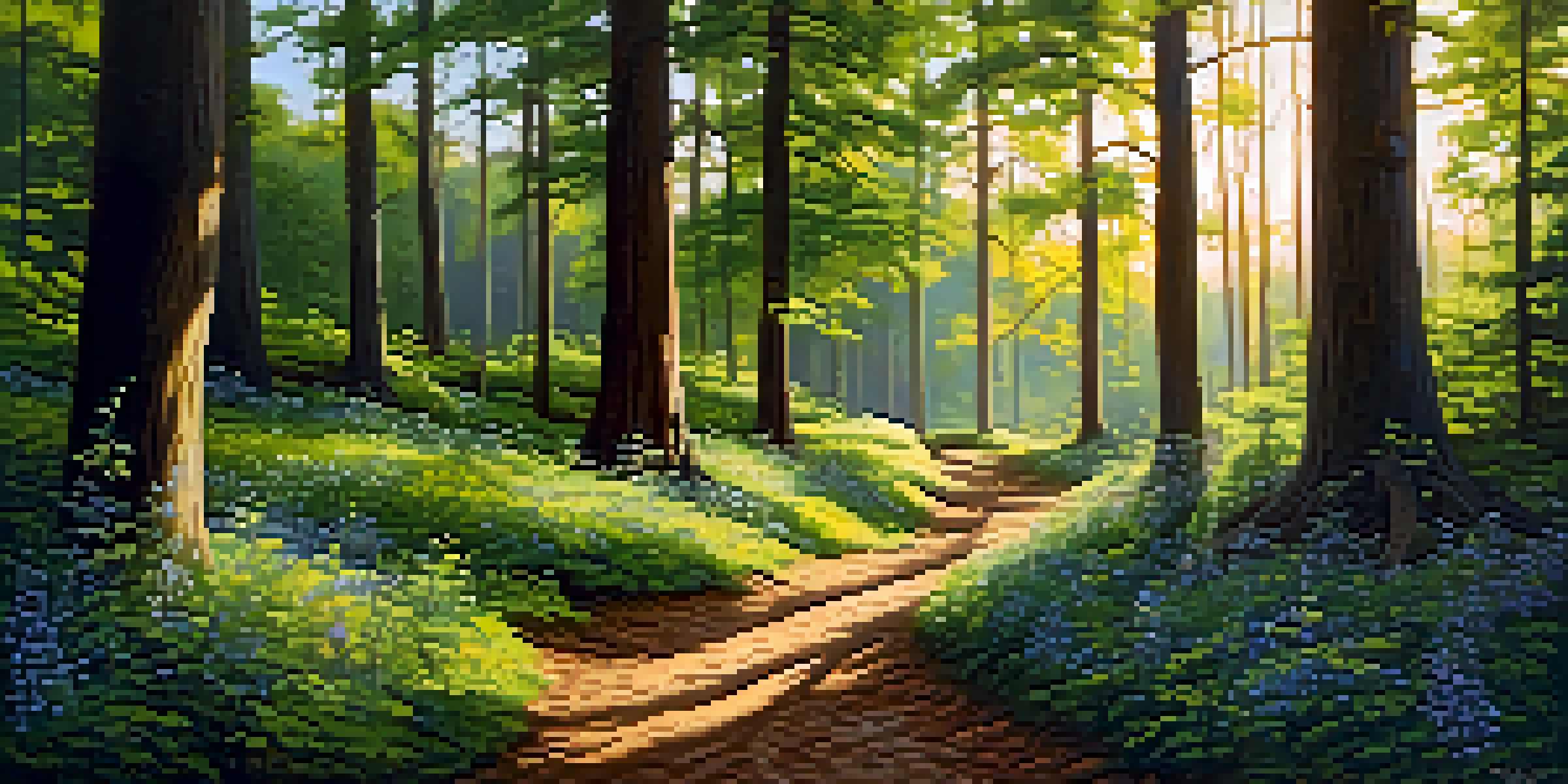 A peaceful forest with sunlight filtering through the trees and a winding path covered in greenery and wildflowers.