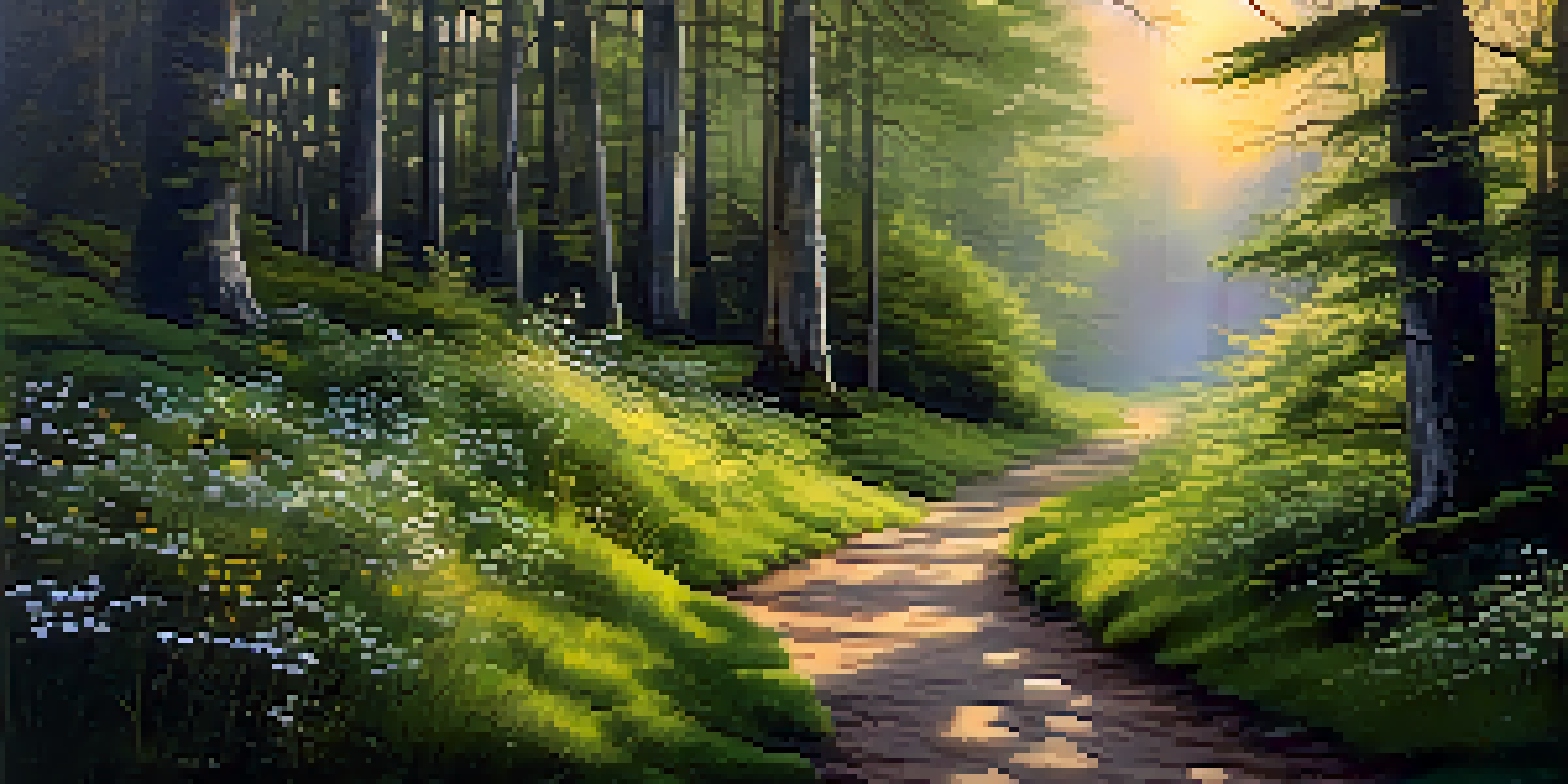 A peaceful forest at sunrise with a winding path and soft golden light filtering through the trees.