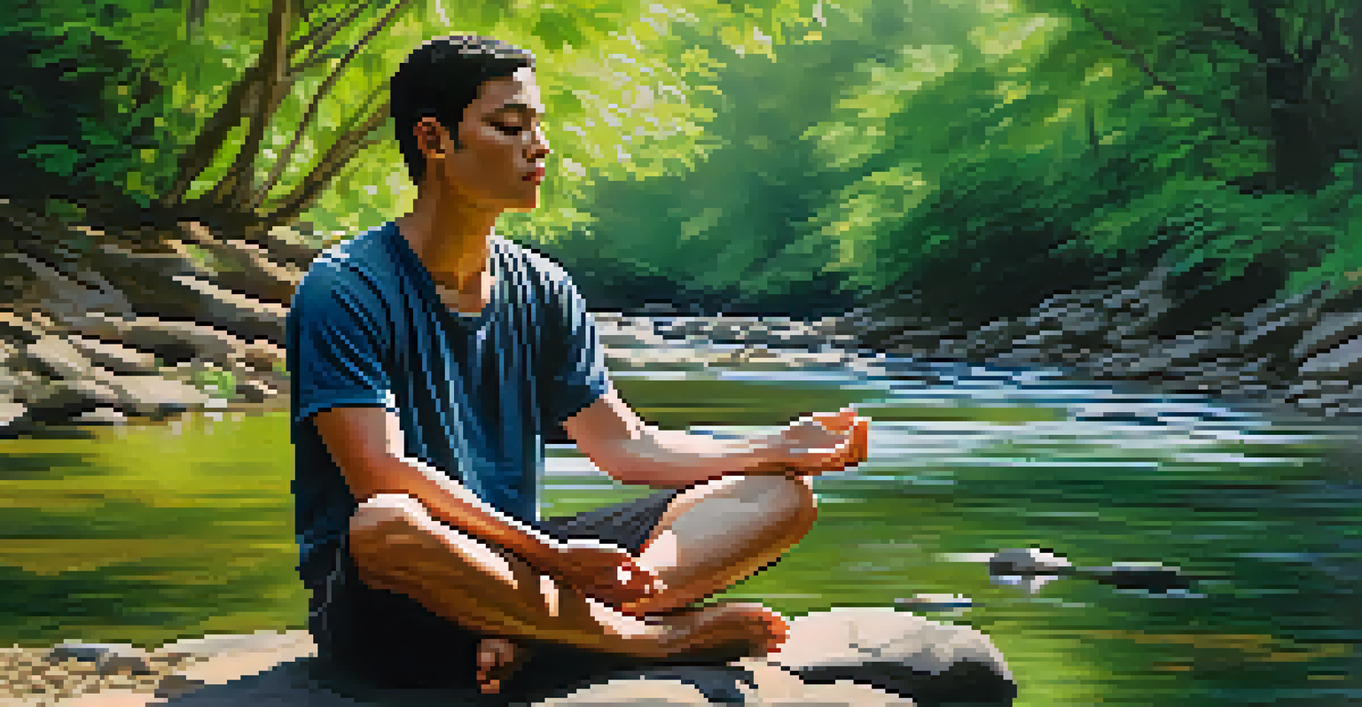 A person sitting cross-legged outdoors, practicing deep breathing with a peaceful expression surrounded by nature.