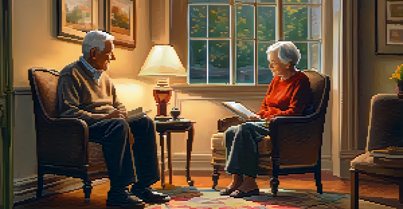 An elderly couple sitting in a cozy living room, holding hands and talking, with a gratitude journal on the table.