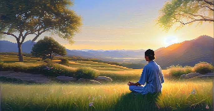 A person meditating on a grassy field at sunrise, surrounded by hills and flowers, conveying peace and compassion.