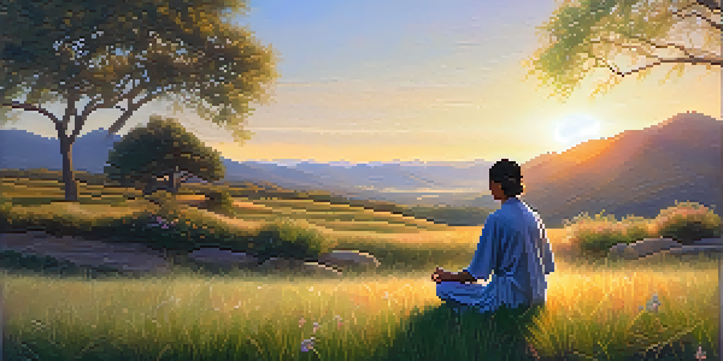 A person meditating on a grassy field at sunrise, surrounded by hills and flowers, conveying peace and compassion.