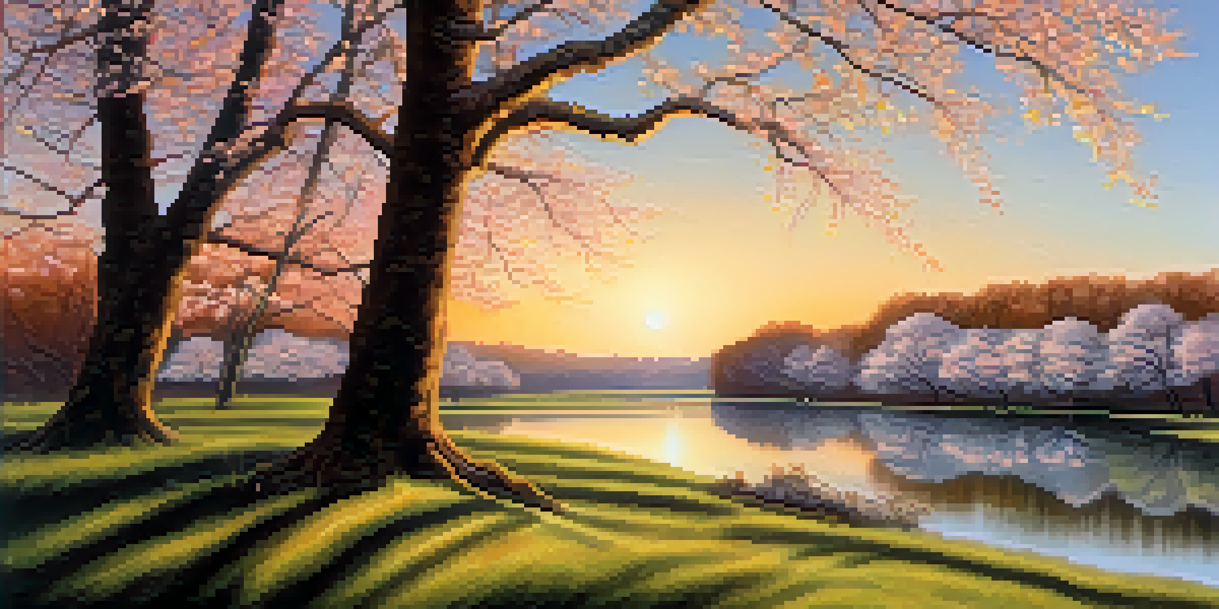 A peaceful landscape illustrating spring cherry blossoms in vibrant colors transitioning to autumn trees shedding leaves, under a pastel sunset sky.